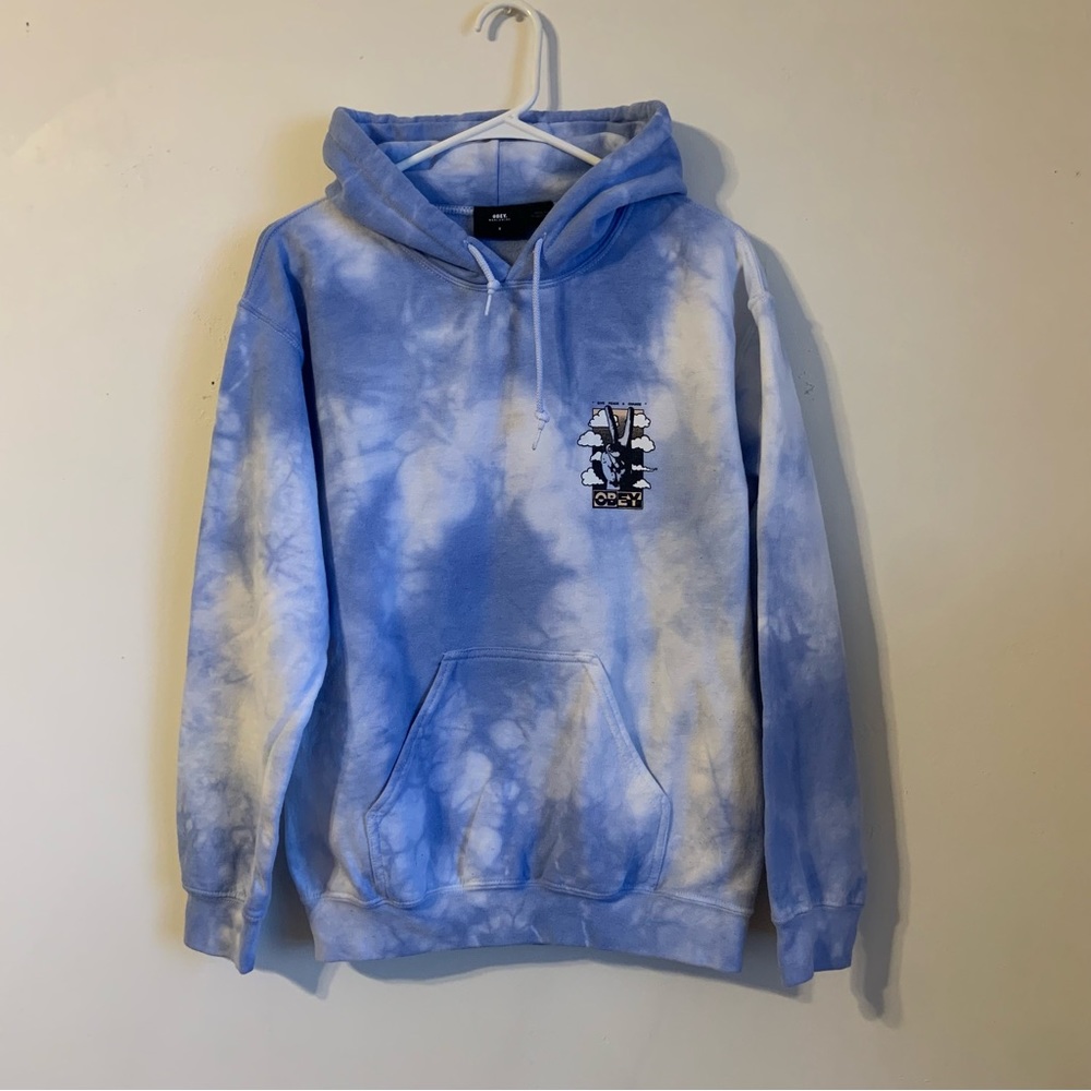 OBEY Zumiez Blue & White 'Give Peace a Chance' Tie Dye Pullover Hoodie Sz S